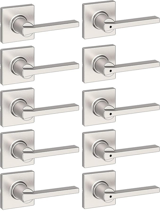 Kwikset Casey Hallway Passage and Bed/Bath Privacy Door Handle 10 Pack, 5 Passage Levers and 5 Privacy Levers, Satin Nickel Reversible Interior Handles with Mircoban Protection