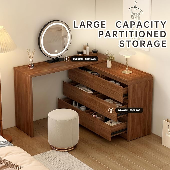 Makeup Vanity Desk with Full Aluminum HD Lighted Mirror, 50-90in Extendable Modern Dressing Table, 6-Drawer Storage Cabinet with Rounded Anti-Collision Corners, Bedroom Vanity, Brown