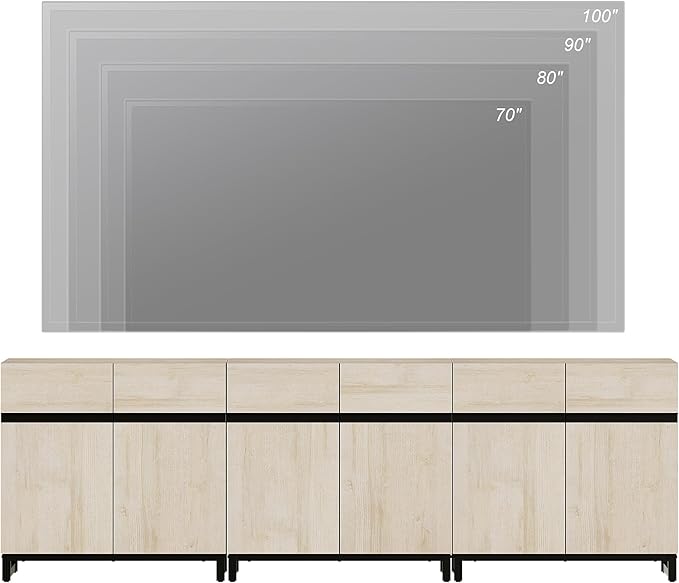 WAMPAT Modern TV Stand for TVs Up to 110 Inch, 3 in 1 Wood Entertainment Center Console Table With Adjustable Shelves and Metal Base for Living Room, Bedroom, Light Oak