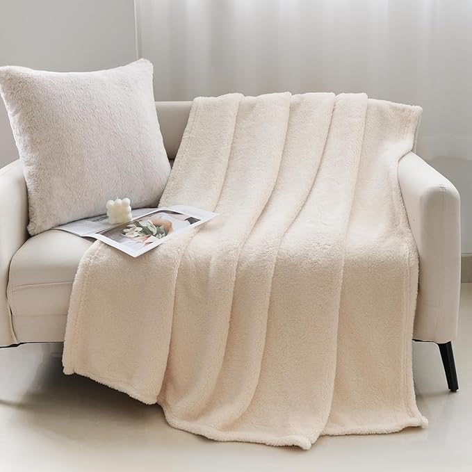 Sherpa Throw Blanket for Bed, Super Soft Cozy Fuzzy Plush Blankets for Winter, Reversible Thick Warm Blanket for Bed, Couch, Living Room, White Twin Size 60"x 80"