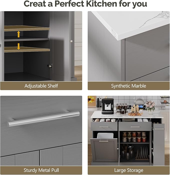 4 EVER WINNER Kitchen Island with Trash Can Storage, Kitchen Islands on Wheels with Marble Countertop, Portable Island Cart for Kitchen, Gray