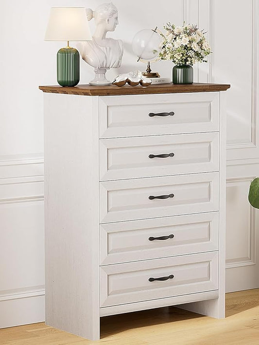 Pipishell White 5 Drawers Dresser Chests for Bedroom, 42.7 Inch Tall Wooden Dresser, Farmhouse Storgae Organizer with Large Drawers & Bar Handles for Bedroom, Entryway, Hallway, Brown & White