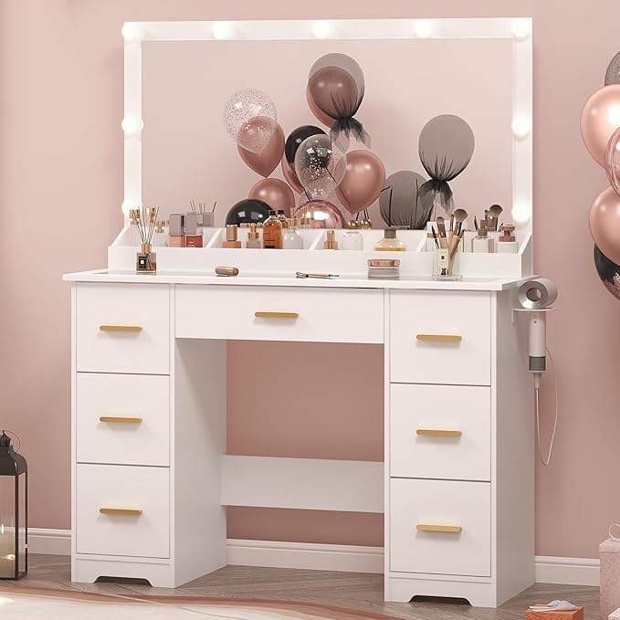 Vanity Desk with 38" Large Mirror and 9 LED Lights, Adults Makeup Vanity with 7 Storage Drawers and Glass Top & Power Outlet and RGB Ambient Lights, Dressing Table for Bedroom, Modern White