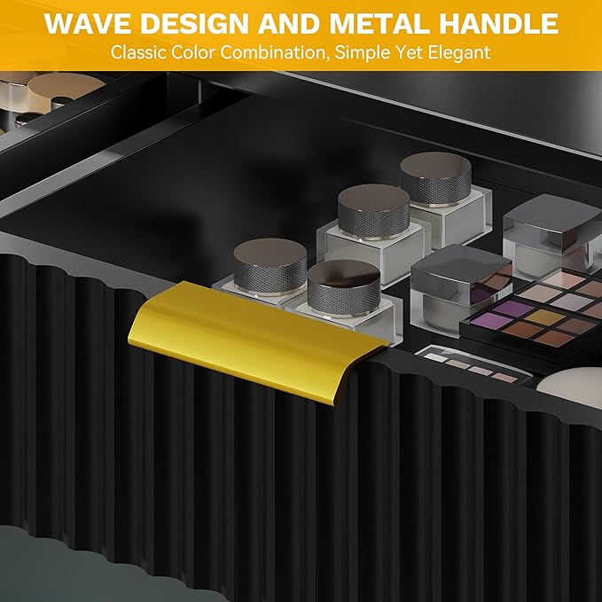 DWVO Fluted Makeup Vanity Desk with Large 27" Mirror and Lights, Modern Big Makeup Table with Power Outlet, 11 Shelves & 2 Drawers, 3 Color Lighting Modes, Dressing Table Vanity Set for Bedroom, Black