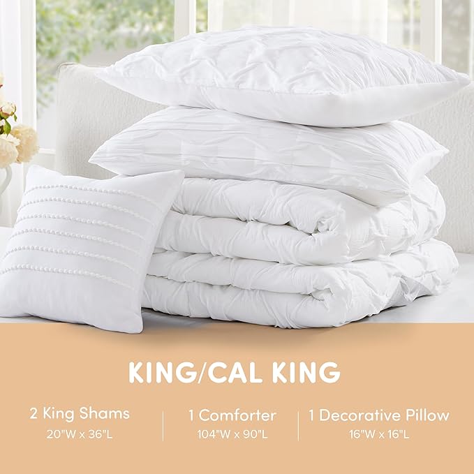 Comfort Spaces Comforter for King Size Bed, Ogee Ruched with Crinkle Texture, Breathable Comforter Set King, All Season Lightweight Bedding Set, Shams, Décor Pilow, King/Cal King White 4 Piece