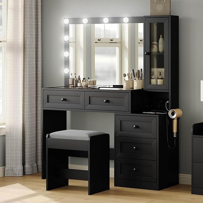 43" W Vanity Desk with Mirror & 11 Lights, 5 Drawer Modern Makeup Desk with Glass top & Cushioned Stool, 3 Lighting Modes Brightness Adjustable,Bedroom Dressing Table, Black