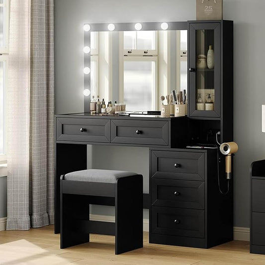 43" W Vanity Desk with Mirror & 11 Lights, 5 Drawer Modern Makeup Desk with Glass top & Cushioned Stool, 3 Lighting Modes Brightness Adjustable,Bedroom Dressing Table, Black