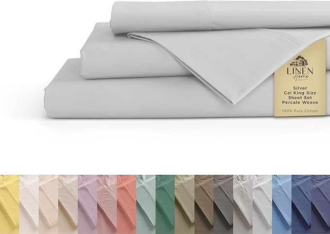 Linen Home 100% Cotton Percale Sheets California King Size, Silver, Deep Pocket, 4 Pieces Set - 1 Flat, 1 Deep Pocket Fitted Sheet and 2 Pillowcases, Crisp Cool and Strong Bed Linen