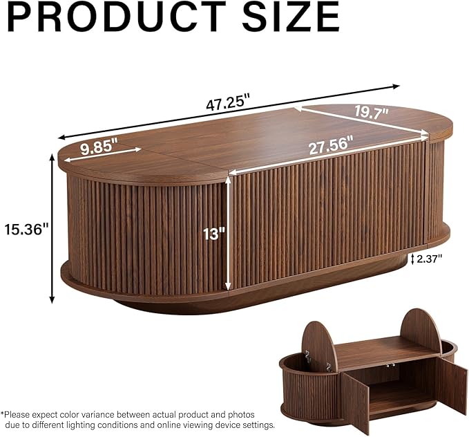 HSH Oval Coffee Table with Storage, 47” Modern Coffee Table with Press Type Door, Fluted Living Room Tables with 2 Flip-Top Hidden Lids, Wood Center Table for Living Room, Office,Walnut