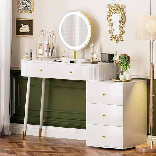 WinZo 36" Vanity Desk with Mirror and 3 Light Modes, Dressing Table Set with 5 Sliding Drawers, Makeup Desk with Charging Station, Modern Vanity for Small Spaces & Bedroom, White