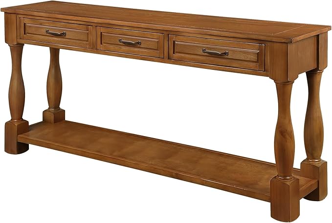 63inch Solid Wood Console Table with 3 Drawers and 1 Bottom Shelf Extra-Thick Sofa Table(Brown)