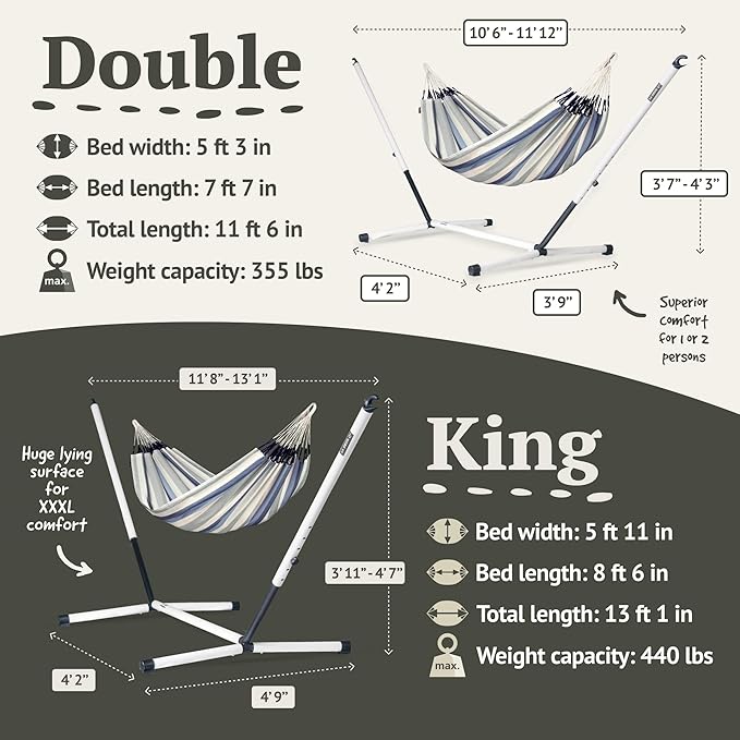 LA SIESTA® - Large Double Brisa Classic Hammock & Nautico Steel Stand - Weather & Tear Resistant Portable Hammock w/Stand - Balcony Porch Garden Outdoor Indoor Hammock - 2-Person Max 355 Lbs, Seasalt