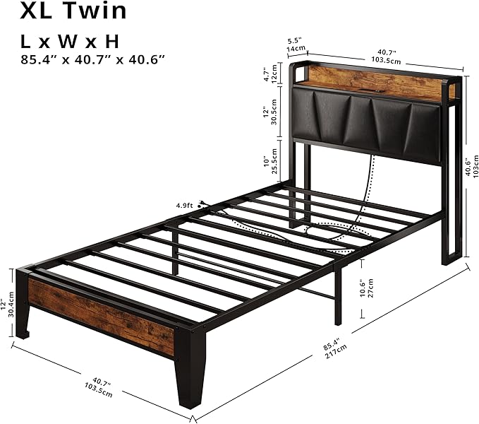 LIKIMIO Twin XL Bed Frames, Storage Headboard with Charging Station, Solid and Stable, Noise Free, No Box Spring Needed, Easy Assembly (Vintage and Black)