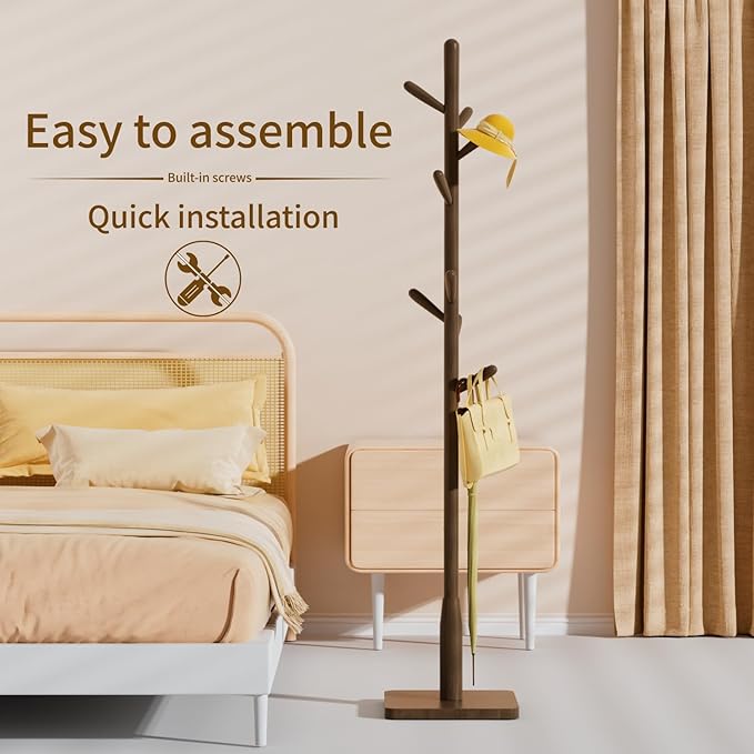 Solid Wood Square Base Coat Rack, Free Standing Hall Coat Tree with 8 Hooks（+2 spare) for Coats, Hats, Bags, Purses, for Entryway, Hallway, Rubberwood Hooks,Base and Pole,(Square Base, Dark Walnut)