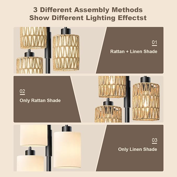 Oneach 70" Floor Lamps for Living Room, Stepless Dimmable Boho Floor Lamp with 3 Bulbs, Tall Farmhouse Industrial Corner Standing Tree Lamp for Bedroom, Office, Study Room, Rattan with Linen Shade