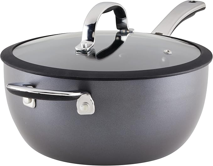 Rachael Ray Cook + Create Hard Anodized Nonstick Saucier Pan/Saucepan with Lid and Helper Handle, 4.5 Quart - Black
