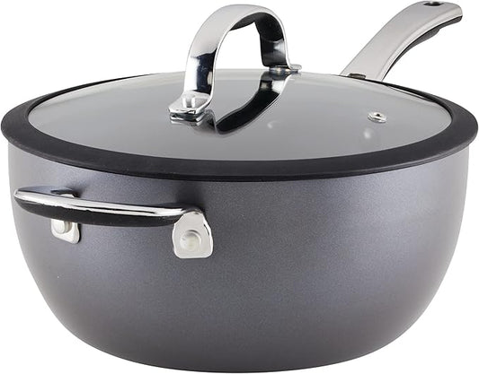 Rachael Ray Cook + Create Hard Anodized Nonstick Saucier Pan/Saucepan with Lid and Helper Handle, 4.5 Quart - Black
