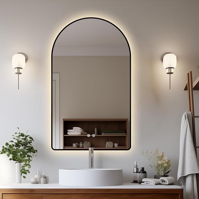 Niccy Arched LED Lighted Bathroom Mirror, 40x24 Inch Backlit Vanity Bathroom Mirror with Lights Brushed Black Framed Wall Mounted Mirrors with 3 Color Shatterproof Arch Smart Fog Free Mirror