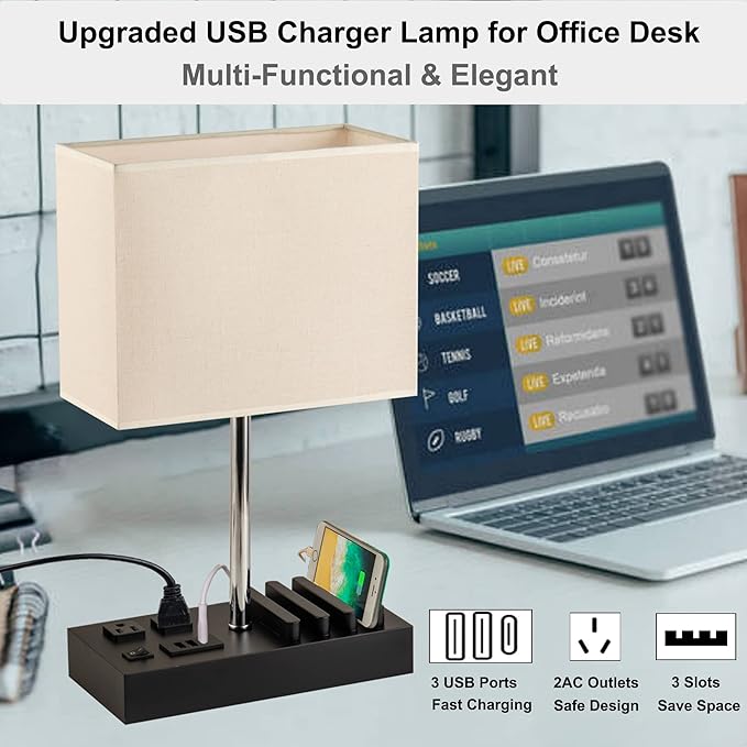 Briever Upgraded 3 USB Table Lamp with 2 USB A & C Charging Ports, Bedside Desk Lamp with 2 AC Outlets and Wooden Phone Stand Organizer, Ideal Nightstand Lamp for Bedroom, Guest Room, Office