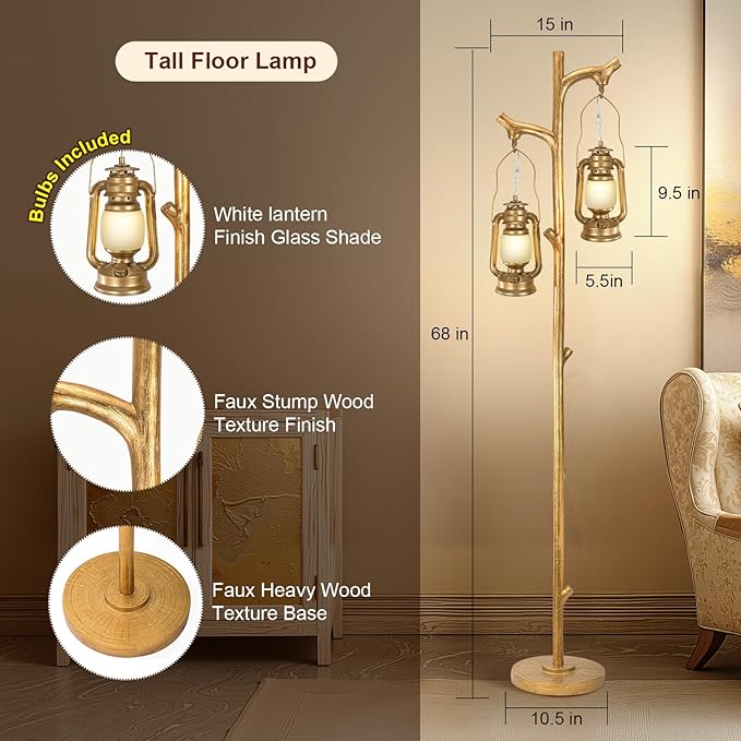 Scenekoy 68” Tall Floor Lamp with Lanterns, Gold Standing Lamp Tree Trunk Finish, Dimmable Resin Corner Lamp Stand Up Light with Bulb Prefer for Modern Living Room Bedroom Home Decor (Bulbs Included)