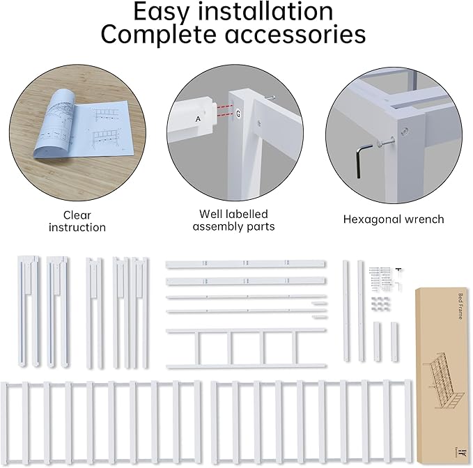 14 Inch Bamboo Bed Frame – Solid Wood Platform Bed Frame, Strong and Stable, with Non-Slip Slats for Support, No Box Spring Needed, Easy to Assemble, Noise-Free (White with Headboard, Queen)