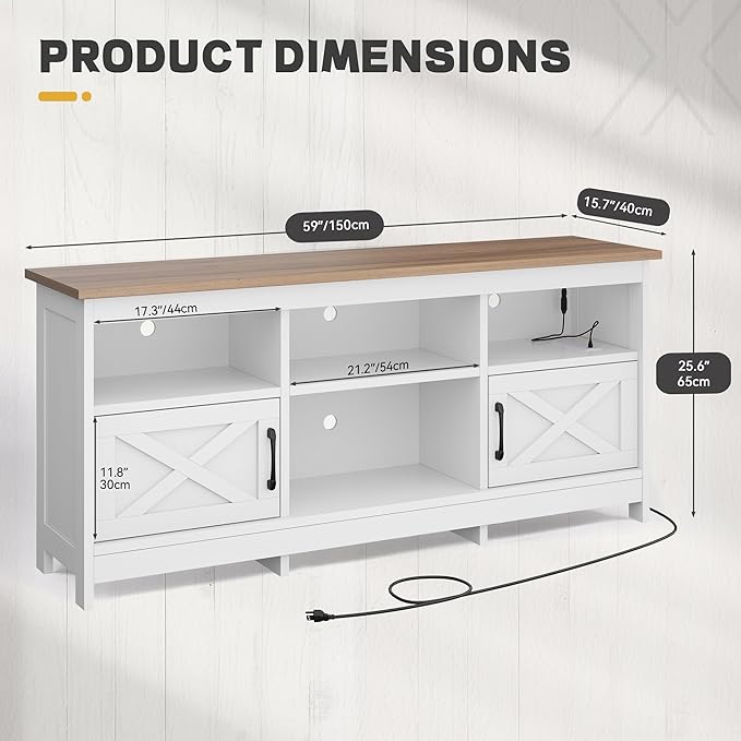 YITAHOME TV Stand for 65 Inch TVs, Entertainment Center with Storage Cabinets, Power Outlet & LED Light, Media Console Living Room Furniture, White & Walnut