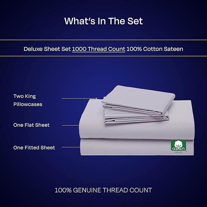 California Design Den King Size Sheets Set - Luxury 1000 Thread Count Sateen, Thick and Natural 100% Cotton King Bed Sheets, Deep Pockets, Cool and Durable Bedding Set - Lavender Grey