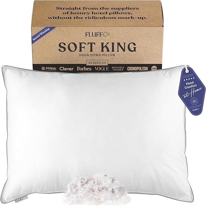 FluffCo Zen Fluff Pillows - Down Alternative - King Bed Pillow for Sleeping Made in USA - Luxury Hotel-Quality Pillow - 100% Cotton, 300 Thread Count (Soft King Size 1 Pack)