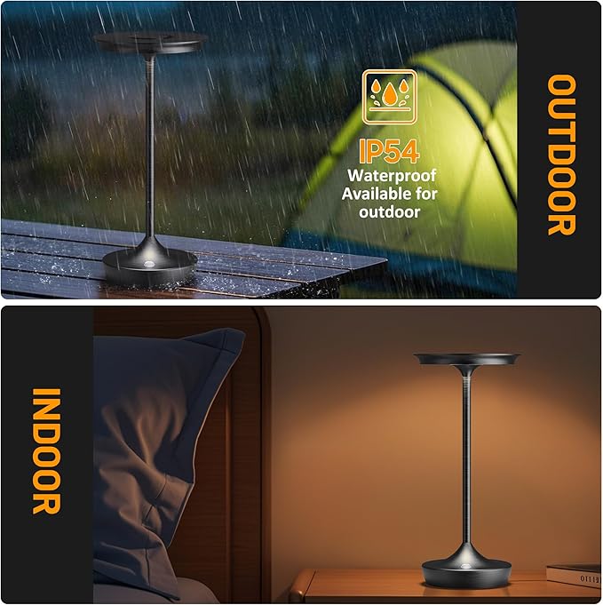LED Cordless Table Lamp Rechargeable - Outdoor 6000mAh Battery Operated Portable Table Lights 3 Color Stepless Dimming Table Lamps with Memory Function for Patio Restaurant Dining Black