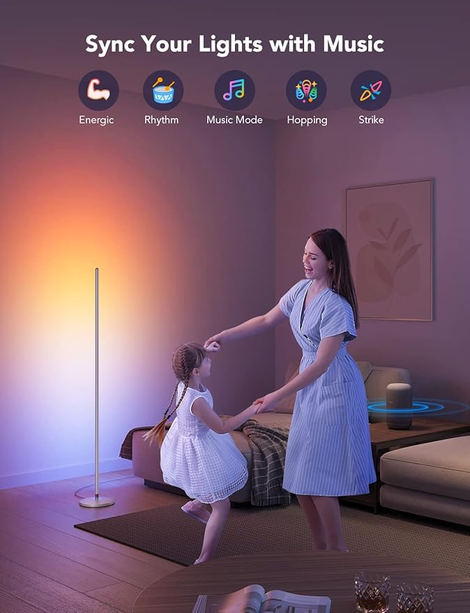 Govee RGBIC Floor Lamp, LED Corner Lamp Works with Alexa, Smart Modern Floor Lamp with Music Sync and 16 Million DIY Colors, Color Changing Standing Lamp for Bedroom Living Room Silver