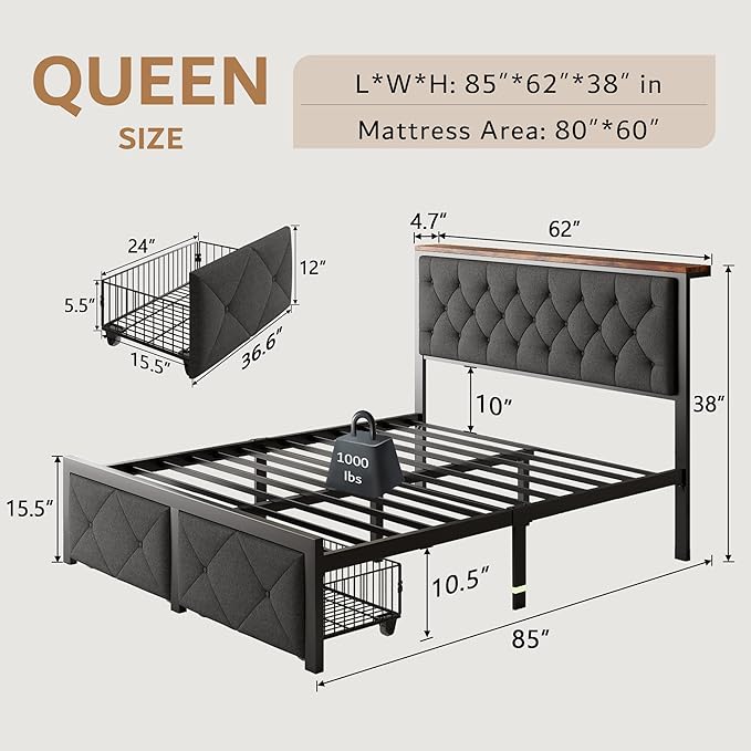 iPormis Queen Bed Frame with 2 Storage Drawers, Linen Upholstered Headboard Platform Bed with Charging Station, No Box Spring Needed, Metal Slats Support, Noise-Free, Easy Assembly, Grey