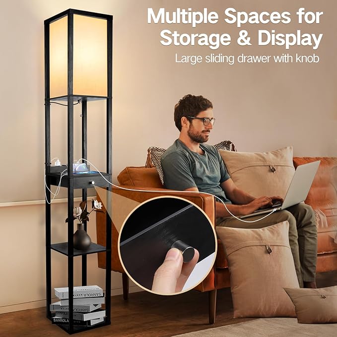 OUTON Floor Lamp with Shelves, 1 Drawer, 2 USB-C Ports, 2 AC Outlets, LED Modern Floor Lamp with 3 Color Temperature, Storage Display Wood Standing Lamp for Living Room, Bedroom, Office (Black)