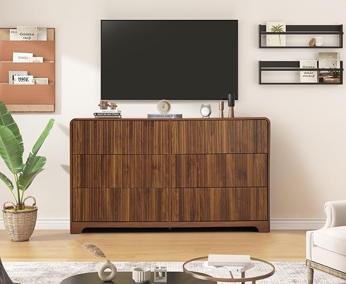 Fluted 6 Drawers Dresser for Bedroom, 53" Wide Mid Century Modern Chest of Drawers with Curved Profile Design, Large Wood Double Dresser for Living Room (Walnut)