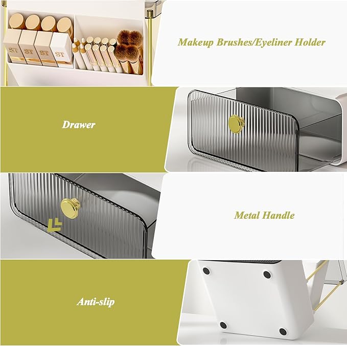 FOLLOWIN Bathroom Counter Organizers and Storage with Drawer,Cosmetic Organizer with Make Up Brush Holder,Perfume Makeup Shelf,3-Tier Vanity Storage,Smoky Gray