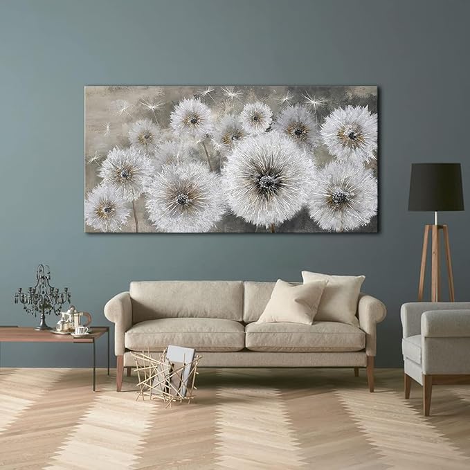 Pogusmavi Wall Art for Living Room & Bedroom - Large Canvas Wall Decor, 24x48, Gray Dandelion Artwork