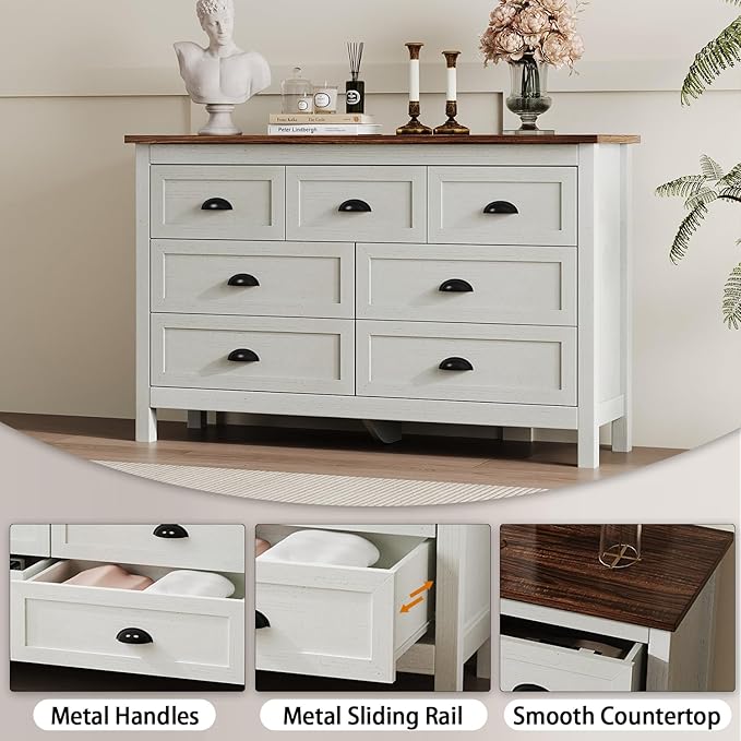 Farmhouse White Dresser for Bedroom, Wide Wood Dressers & Chests of Drawers with Vintage Black Handle, 7 Drawer Dresser for Bedroom Hallway, Entryway, Antique White