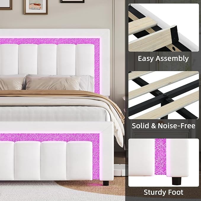 HOMBCK King Size Bed Frame with LED Lights and Velvet Upholstered Headboard, Bed Frame King with Modern Diamond Headboard Adjustable, Wooden Slats Support, Noise Free, No Box Spring Needed, White