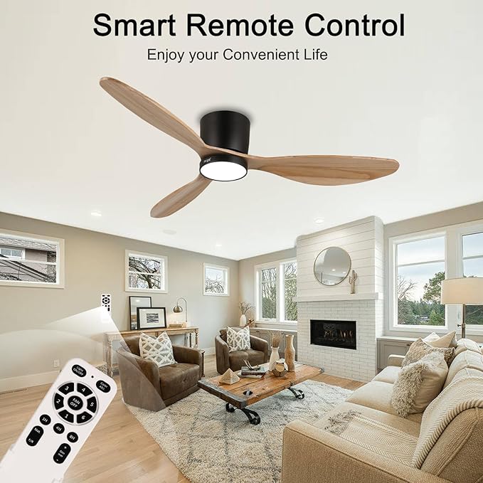 reiga 52" Natural Wood Ceiling Fan with Light and Remote, 3 Blade Flush Mount Low Profile Ceiling Fan for Bedrooom Living Room, Quiet DC Motor