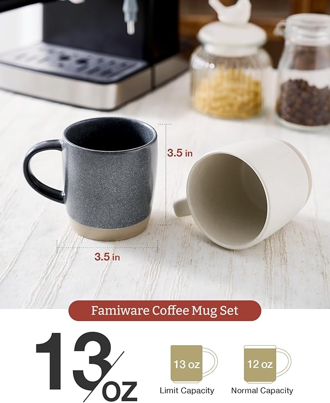 famiware Coffee Mugs Set of 6, Milkyway 13 oz Mug Set, Ceramic Cup Set with Handle for Coffee, Tea, Cocoa, Milk, Matte White + Matte Dark Charcoal