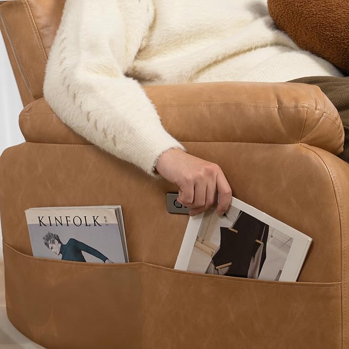 Claiks Power Swivel Rocker Recliner Chair, Oversized Recliner Chairs for Adults, PU Leather Overstuffed Reclining Chair with USB and Type-C Ports for Living Room, Brown