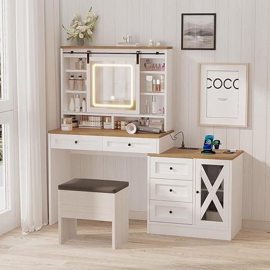 ALBAD Vanity Desk with Mirror and Lights Farmhouse Makeup Vanity Desk with Sliding Mirror and Vanity Stool Set Rustic Vanity Dresser with Organization and Storage Drawers and Charging Station White