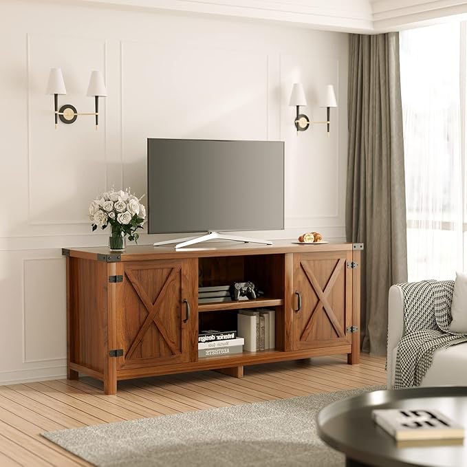 JUMMICO TV Stand, 65 Inch TV Farmhouse Entertainment Center with Double Barn Doors and Storage Cabinets, Console TV Table Media for Living Room, Bedroom (Walnut)