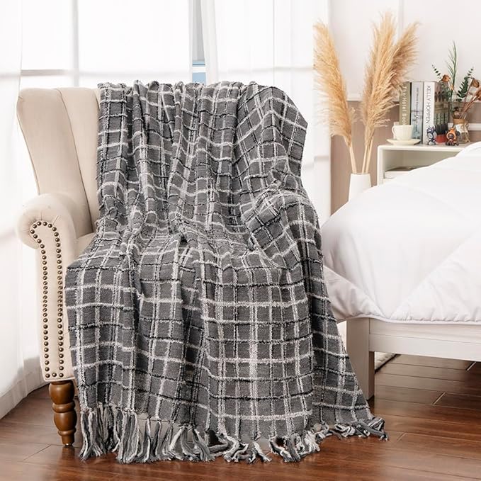 Gealaek Boho Throw Blanket Dark Grey Lightweight Fuzzy Soft Cozy Decorative Blankets for Sofa Bed Farmhouse Throw Blanket Mexcican Blanket with Tassel Black White Charcoal Textured 50" x 60"