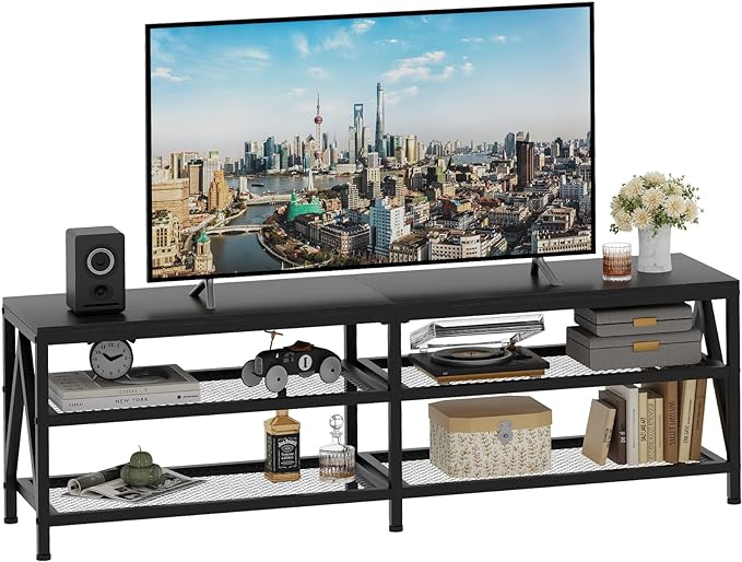 TV Stand for TVs up to 70 Inch, 63" Long Industrial TV Console Table with 3-Tier Storage Shelves, Entertainment Center for Living Room, Bedroom (Black)
