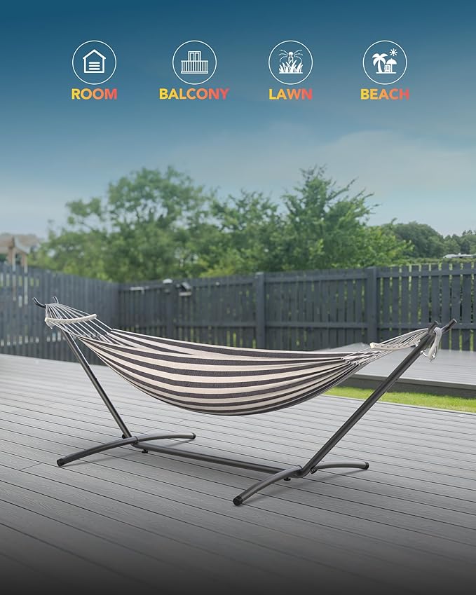 Hammock with Heavy-Duty Steel Stand,Portable,Easy Assembly,600lbs Weight Capacity,Suit for Indoor,Yard,Camping,or Outdoor,Black White