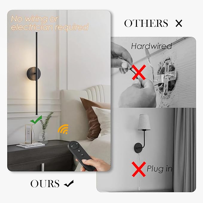 Battery Operated Wall Sconces with Remote Control, Dimmable Wall Sconces Set of Two, 350°Rotate, 3000K LED Black Wireless Wall Light for Living Room, Bedroom,Hallway, 28.3 Inch (2 Pack)