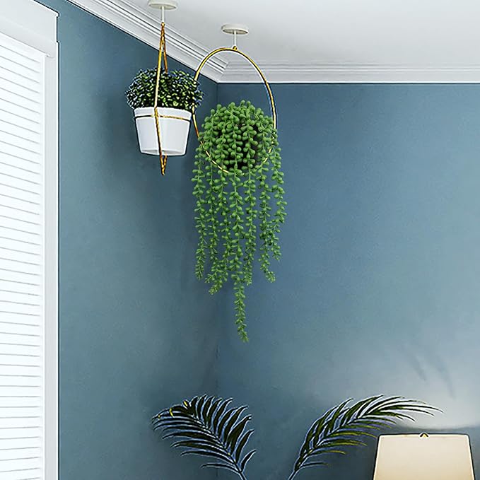 LOYWREE 2 Pack Lifelike Artificial String of Pearls Plant - Faux Hanging Succulent with Black Pot, Realistic Trailing Fake Plant for Indoor Outdoor Shelf Desk Window Sill Home Garden Office Decor