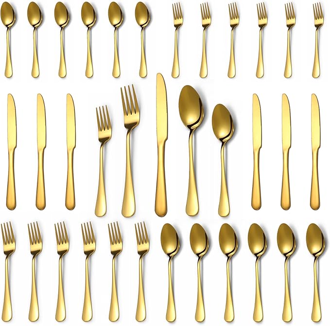 Lazycorner 30 Pcs Gold Silverware Set for 6, Food Grade Stainless Steel Flatware Set Include Fork/Knife/Spoon, Mirror Polished Eating Utensils Sets, Reusable Silverwear Cutlery Set, Dishwasher Safe