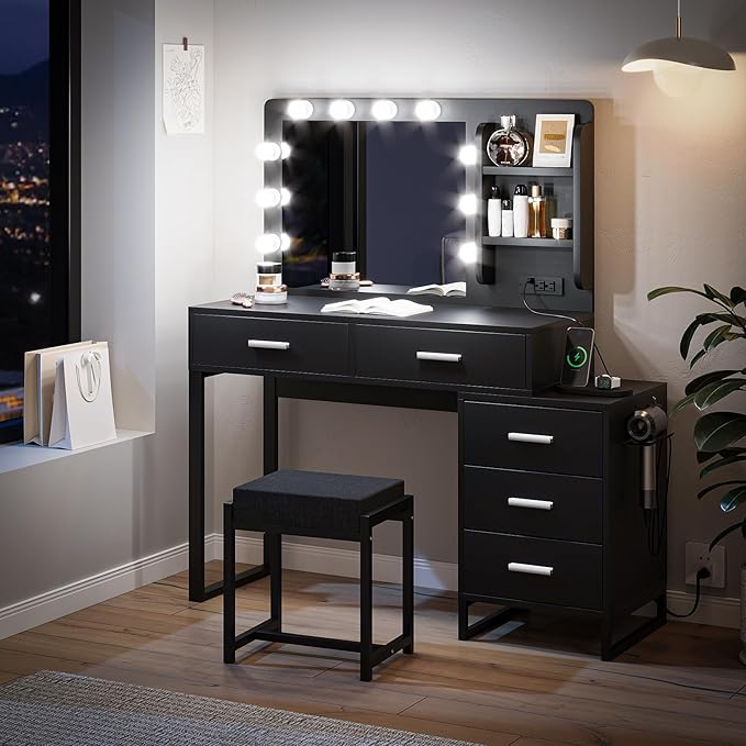 Semiocthome Makeup Vanity Desk with Mirror and Lights, Make Up Vanity Table Set with Power Outlet, Shelves and 5 Drawers, 3 Lighting Modes & Adjustable Brightness Dressing Table with Chair - Black