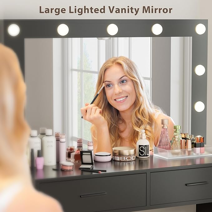 Furmax Vanity Desk Set with Large Lighted Mirror, 35.4 Inch Makeup Vanity Table with 2 Drawers, Cushioned Storage Stool, 3 Lighting Modes Brightness Adjustable, Dressing Table for Bedroom (Black)